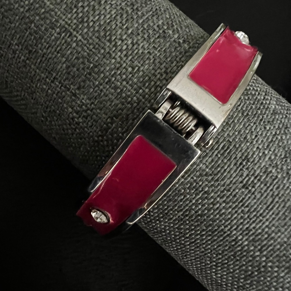 Hot Pink Enamel Rhinestone Silver Tone Hinge Bangle Bracelet 7 Barbiecore